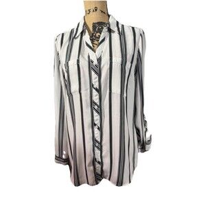Relativity White And Black Striped Blouse Medium Button Up Polyester